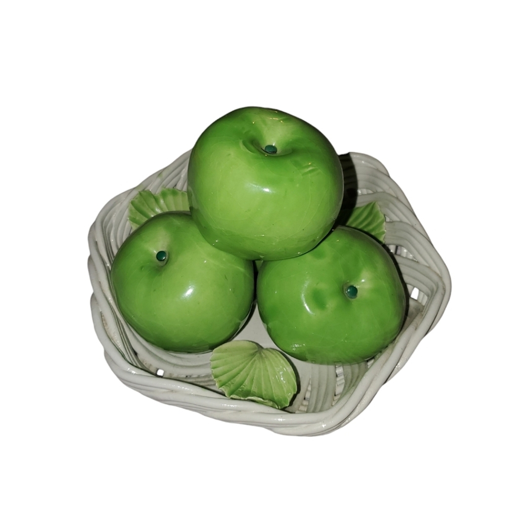 Vintage ceramic white woven basket with green apples, Made in Italy